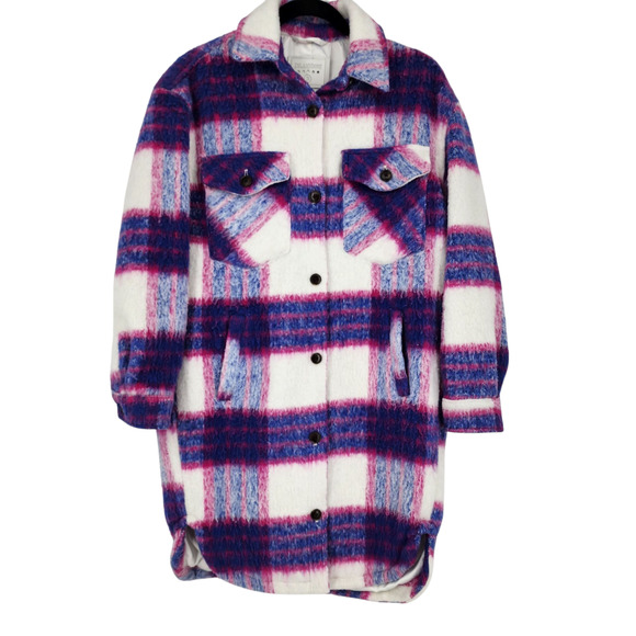BlankNYC Prime Time Pink Blue Flannel Long Shacket Pockets Size Small - Picture 1 of 5